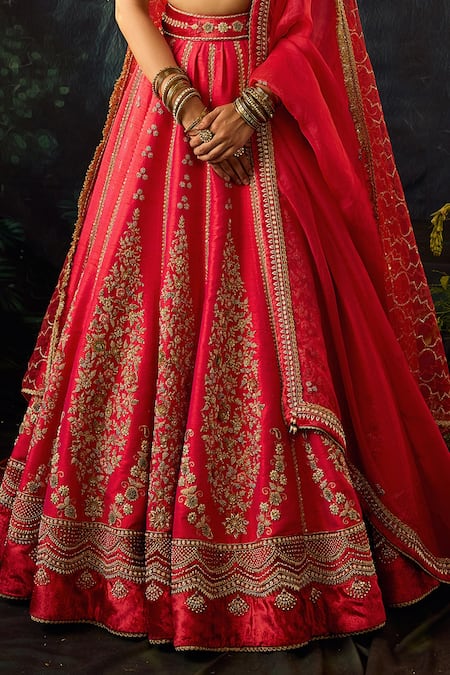 Cedar & Pine_Red Silk, Organza, Velvet, Brocade Embroidery Floral Bridal Lehenga Set _Online_at_Aza_Fashions