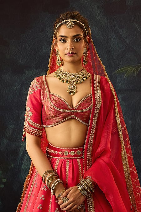 Buy_Cedar & Pine_Red Silk, Organza, Velvet, Brocade Embroidery Floral Bridal Lehenga Set _Online_at_Aza_Fashions