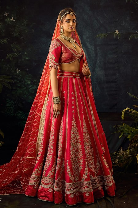 Shop_Cedar & Pine_Red Silk, Organza, Velvet, Brocade Embroidery Floral Bridal Lehenga Set _Online_at_Aza_Fashions
