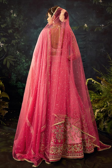 Shop Cedar & Pine Pink Georgette, Silk, Tulle Sequins, Floral Panelled Bridal Lehenga Set at Aza Fashions Shop_Cedar & Pine_Pink Georgette, Silk, Tulle Sequins, Floral Panelled Bridal Lehenga Set _at_Aza_Fashions