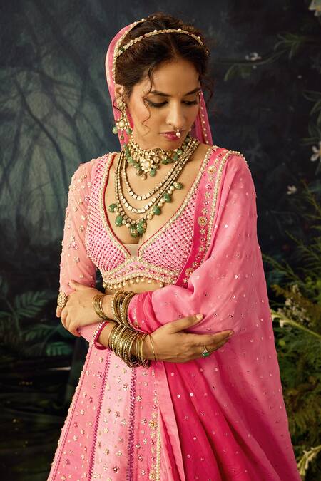Shop Cedar & Pine Pink Georgette, Silk, Tulle Sequins, Floral Panelled Bridal Lehenga Set Online at Aza Fashions Shop_Cedar & Pine_Pink Georgette, Silk, Tulle Sequins, Floral Panelled Bridal Lehenga Set _Online_at_Aza_Fashions