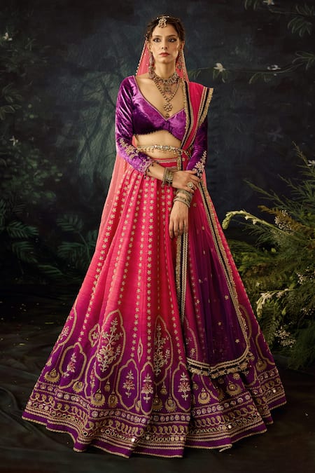 Cedar & Pine Pink Raw Silk Embroidered Floral Leaf Shaded Lehenga Set 