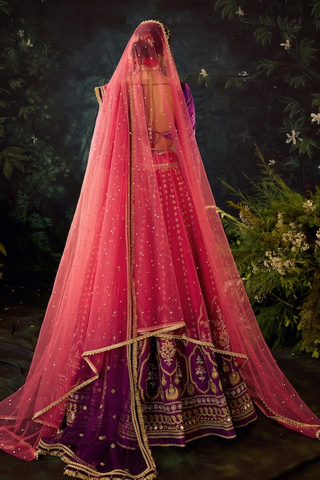 Shop Cedar & Pine Pink Velvet, Tulle, Silk Embroidery Asymmetric Floral Shaded Lehenga Set at Aza Fashions Shop_Cedar & Pine_Pink Velvet, Tulle, Silk Embroidery Asymmetric Floral Shaded Lehenga Set _at_Aza_Fashions