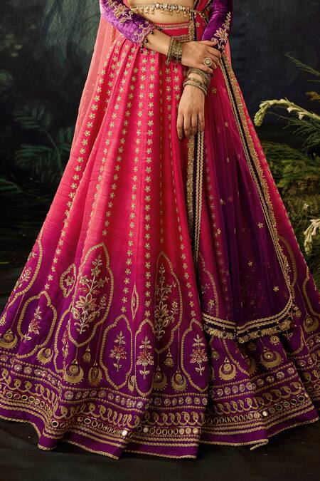 Cedar & Pine Pink Velvet, Tulle, Silk Embroidery Asymmetric Floral Shaded Lehenga Set Online at Aza Fashions Cedar & Pine_Pink Velvet, Tulle, Silk Embroidery Asymmetric Floral Shaded Lehenga Set _Online_at_Aza_Fashions