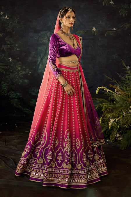 Buy Cedar & Pine Pink Velvet, Tulle, Silk Embroidery Asymmetric Floral Shaded Lehenga Set Online at Aza Fashions Buy_Cedar & Pine_Pink Velvet, Tulle, Silk Embroidery Asymmetric Floral Shaded Lehenga Set _Online_at_Aza_Fashions