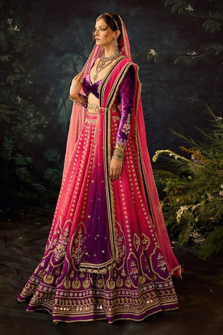 Shop Cedar & Pine Pink Velvet, Tulle, Silk Embroidery Asymmetric Floral Shaded Lehenga Set Online at Aza Fashions Shop_Cedar & Pine_Pink Velvet, Tulle, Silk Embroidery Asymmetric Floral Shaded Lehenga Set _Online_at_Aza_Fashions