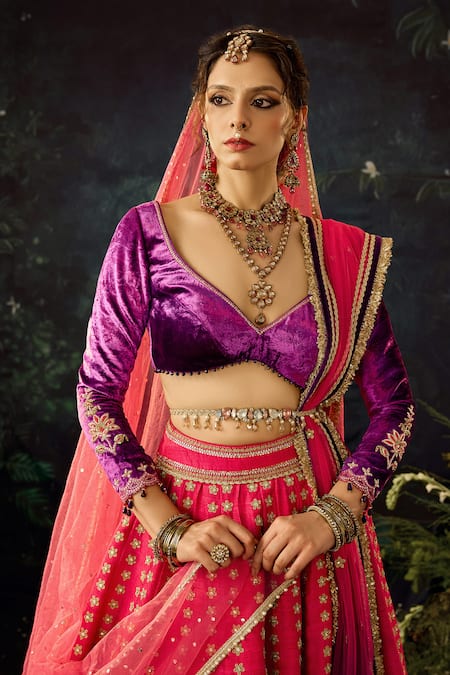 Cedar & Pine Pink Velvet, Tulle, Silk Embroidery Asymmetric Floral Shaded Lehenga Set at Aza Fashions Cedar & Pine_Pink Velvet, Tulle, Silk Embroidery Asymmetric Floral Shaded Lehenga Set _at_Aza_Fashions