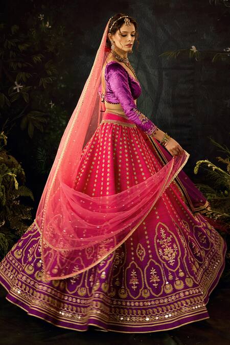 Buy Cedar & Pine Pink Velvet, Tulle, Silk Embroidery Asymmetric Floral Shaded Lehenga Set Buy_Cedar & Pine_Pink Velvet, Tulle, Silk Embroidery Asymmetric Floral Shaded Lehenga Set