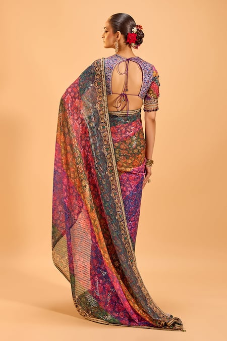 Shop Cedar & Pine Multi Color Georgette, Silk, Denim Floral Embroidered Saree With Blouse at Aza Fashions Shop_Cedar & Pine_Multi Color Georgette, Silk, Denim Floral Embroidered Saree With Blouse _at_Aza_Fashions