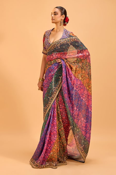 Cedar & Pine Multi Color Georgette, Silk, Denim Floral Embroidered Saree With Blouse Online at Aza Fashions Cedar & Pine_Multi Color Georgette, Silk, Denim Floral Embroidered Saree With Blouse _Online_at_Aza_Fashions