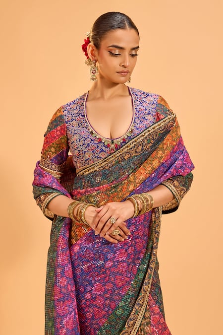 Buy Cedar & Pine Multi Color Georgette, Silk, Denim Floral Embroidered Saree With Blouse Online at Aza Fashions Buy_Cedar & Pine_Multi Color Georgette, Silk, Denim Floral Embroidered Saree With Blouse _Online_at_Aza_Fashions