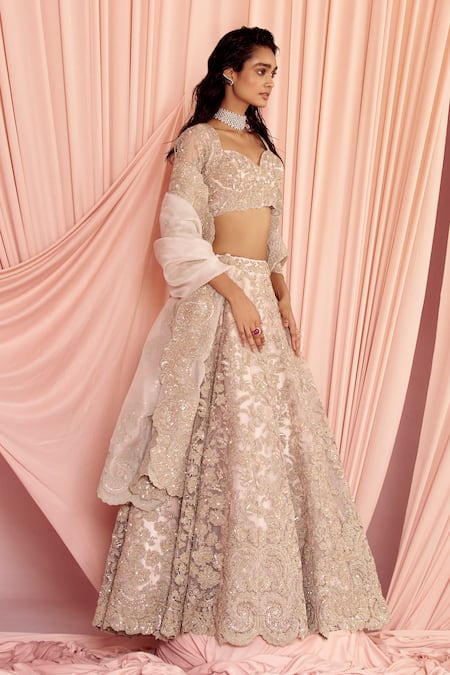 Buy_Pankaj & Nidhi_Pink Tulle, Silk Organza Sequins, Charisma Floral Embellished Bridal Lehenga Set _Online_at_Aza_Fashions