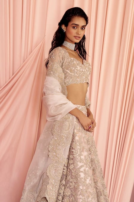 Shop_Pankaj & Nidhi_Pink Tulle, Silk Organza Sequins, Charisma Floral Embellished Bridal Lehenga Set _Online_at_Aza_Fashions