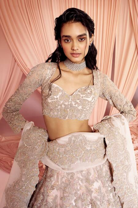 Pankaj & Nidhi_Pink Tulle, Silk Organza Sequins, Charisma Floral Embellished Bridal Lehenga Set _at_Aza_Fashions