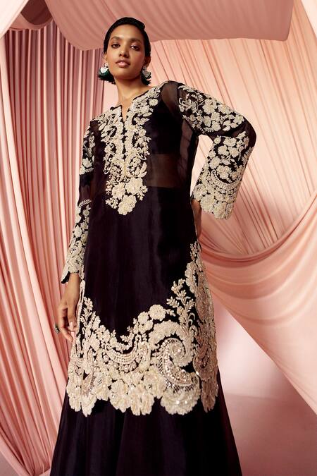 Pankaj & Nidhi_Black Silk Organza Sequins, Beads, Charisma Floral Embellished Kurta Sharara Set _Online_at_Aza_Fashions
