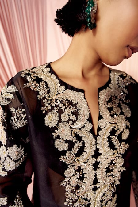 Buy_Pankaj & Nidhi_Black Silk Organza Sequins, Beads, Charisma Floral Embellished Kurta Sharara Set _Online_at_Aza_Fashions