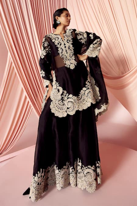 Pankaj & Nidhi Black Silk Organza Embellished Floral Notched Neck Charisma Kurta Sharara Set 