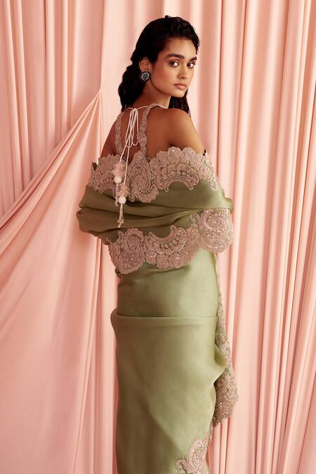 Pankaj & Nidhi_Green Silk Organza Embroidery, Charisma Hand Embellished Saree With Blouse _Online_at_Aza_Fashions
