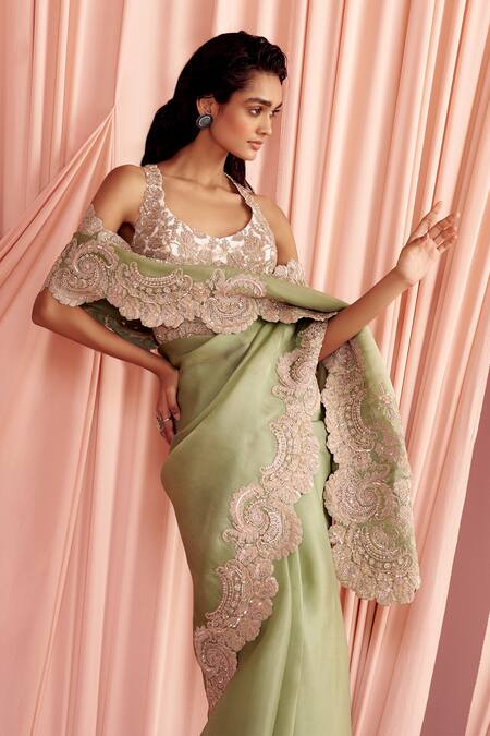 Buy_Pankaj & Nidhi_Green Silk Organza Embroidery, Charisma Hand Embellished Saree With Blouse _Online_at_Aza_Fashions
