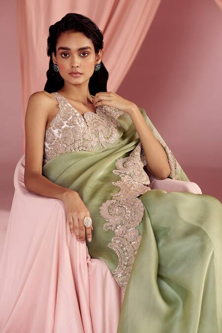 Shop_Pankaj & Nidhi_Green Silk Organza Embroidery, Charisma Hand Embellished Saree With Blouse _Online_at_Aza_Fashions