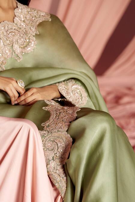 Pankaj & Nidhi_Green Silk Organza Embroidery, Charisma Hand Embellished Saree With Blouse _at_Aza_Fashions