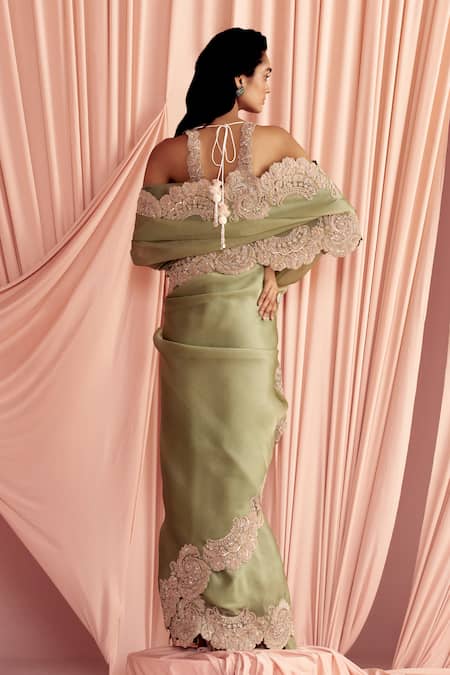 Shop_Pankaj & Nidhi_Green Silk Organza Embroidery, Charisma Hand Embellished Saree With Blouse _at_Aza_Fashions