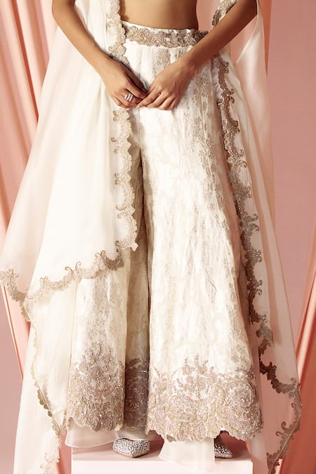 Pankaj & Nidhi_Ivory Brocade, Silk Organza Charisma Scallop Embroidered Cape Sharara Set _Online_at_Aza_Fashions