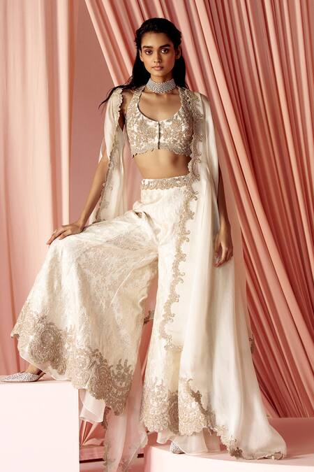 Buy_Pankaj & Nidhi_Ivory Brocade, Silk Organza Charisma Scallop Embroidered Cape Sharara Set _Online_at_Aza_Fashions