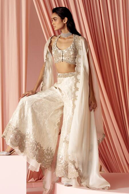 Shop_Pankaj & Nidhi_Ivory Brocade, Silk Organza Charisma Scallop Embroidered Cape Sharara Set _Online_at_Aza_Fashions