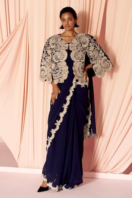 Pankaj & Nidhi_Blue Tulle, Silk, Georgette Charisma Floral Embellished Cape With Saree _Online_at_Aza_Fashions