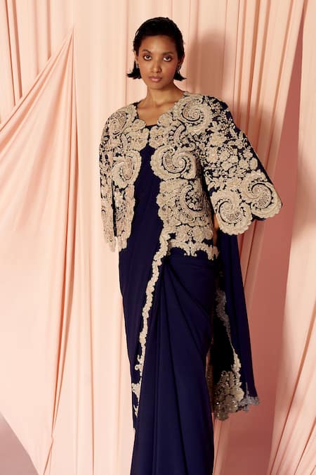 Buy_Pankaj & Nidhi_Blue Tulle, Silk, Georgette Charisma Floral Embellished Cape With Saree _Online_at_Aza_Fashions