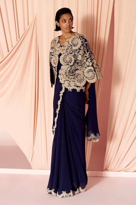 Shop_Pankaj & Nidhi_Blue Tulle, Silk, Georgette Charisma Floral Embellished Cape With Saree _Online_at_Aza_Fashions