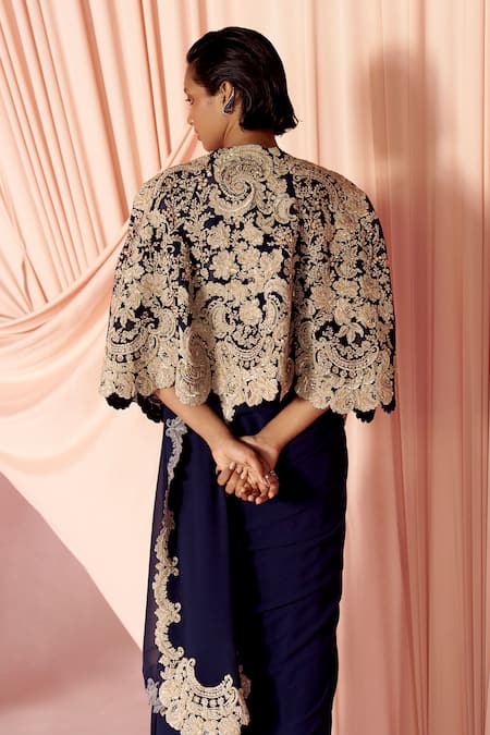 Shop_Pankaj & Nidhi_Blue Tulle, Silk, Georgette Charisma Floral Embellished Cape With Saree _at_Aza_Fashions