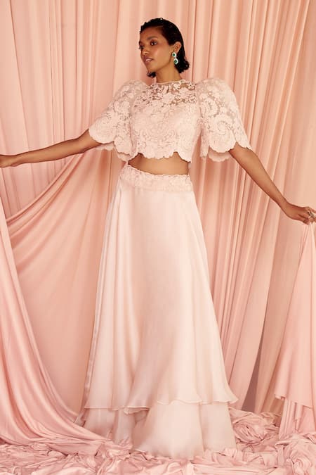 Pankaj & Nidhi_Pink Silk Organza, Tulle Sequins, Charisma Floral Embellished Top With Skirt _Online_at_Aza_Fashions