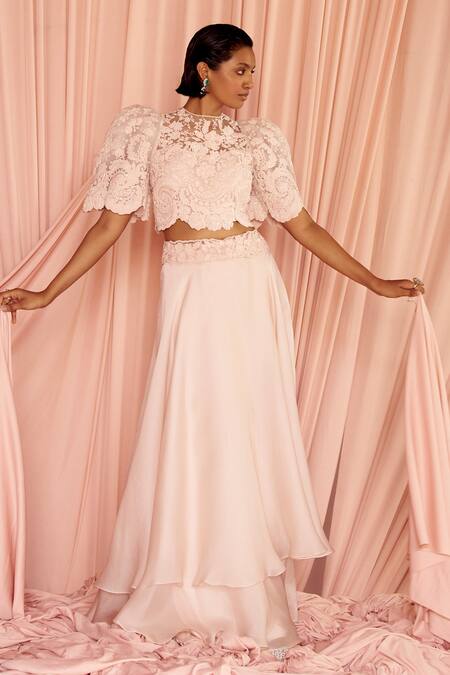 Buy_Pankaj & Nidhi_Pink Silk Organza, Tulle Sequins, Charisma Floral Embellished Top With Skirt _Online_at_Aza_Fashions