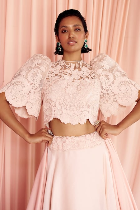 Shop_Pankaj & Nidhi_Pink Silk Organza, Tulle Sequins, Charisma Floral Embellished Top With Skirt _Online_at_Aza_Fashions