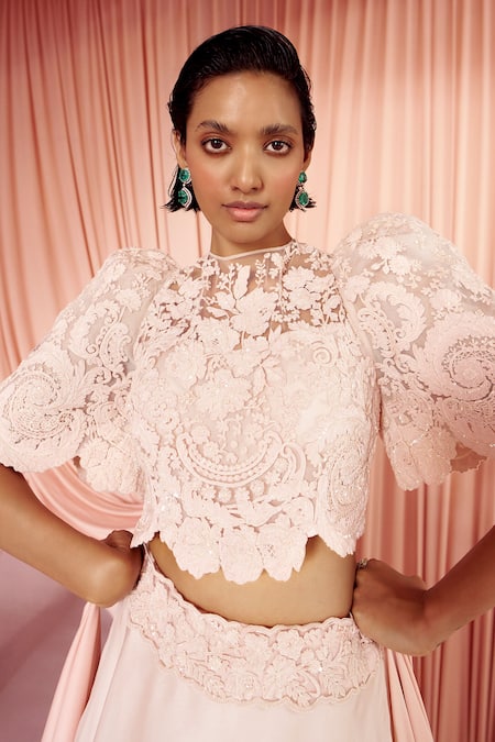 Pankaj & Nidhi_Pink Silk Organza, Tulle Sequins, Charisma Floral Embellished Top With Skirt _at_Aza_Fashions