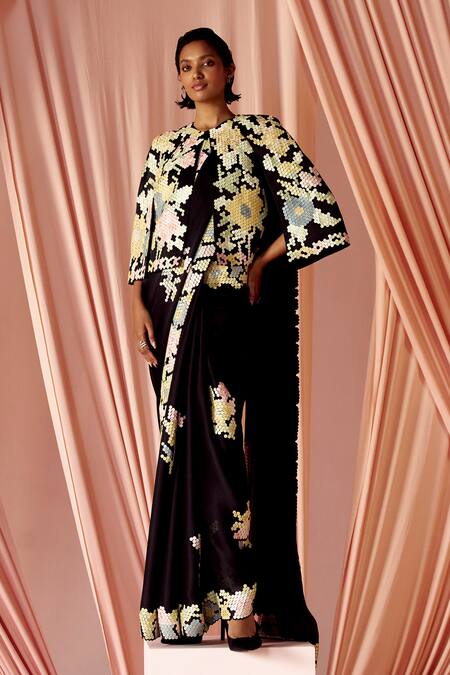 Pankaj & Nidhi_Black Satin, Organza Applique Hexarose Inlaid Saree With Cape _Online_at_Aza_Fashions