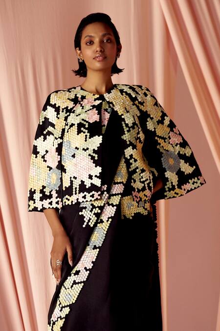 Buy_Pankaj & Nidhi_Black Satin, Organza Applique Hexarose Inlaid Saree With Cape _Online_at_Aza_Fashions