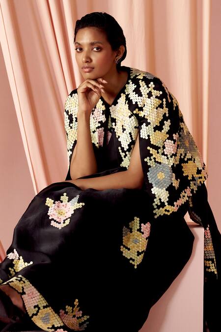 Pankaj & Nidhi_Black Satin, Organza Applique Hexarose Inlaid Saree With Cape _at_Aza_Fashions