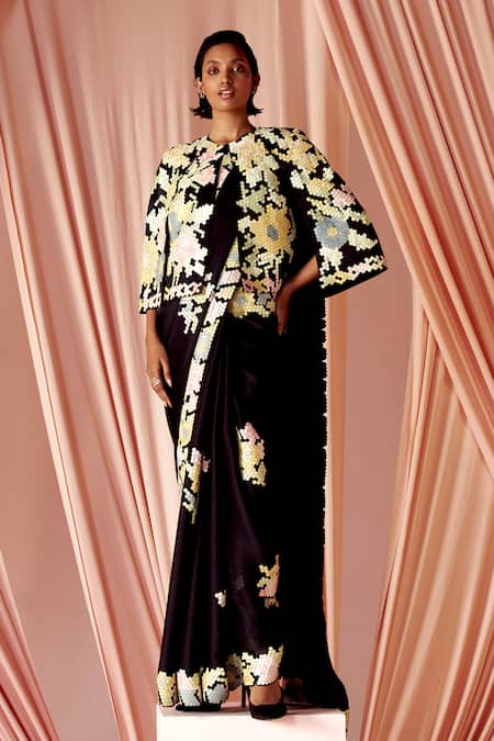 Pankaj & Nidhi Black Satin Organza Applique Floral Inlaid Round Neck Hexarose Saree With Cape 