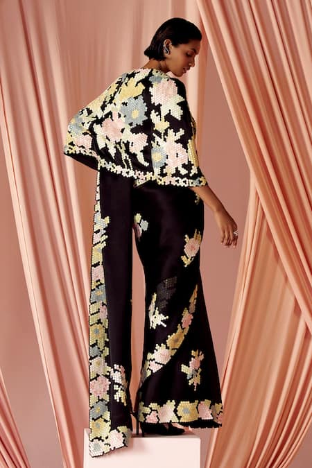 Shop_Pankaj & Nidhi_Black Satin, Organza Applique Hexarose Inlaid Saree With Cape _at_Aza_Fashions