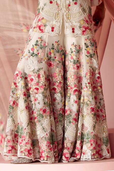 Pankaj & Nidhi_Ivory Tulle, Silk Organza Embroidery, Inverness Floral Kurta Sharara Set _Online_at_Aza_Fashions