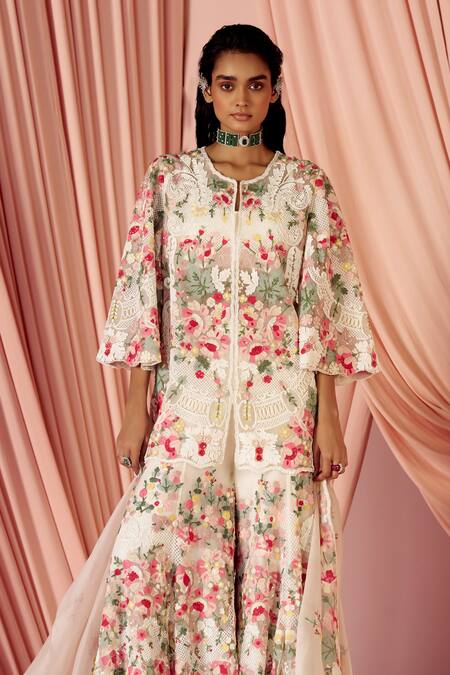 Buy_Pankaj & Nidhi_Ivory Tulle, Silk Organza Embroidery, Inverness Floral Kurta Sharara Set _Online_at_Aza_Fashions