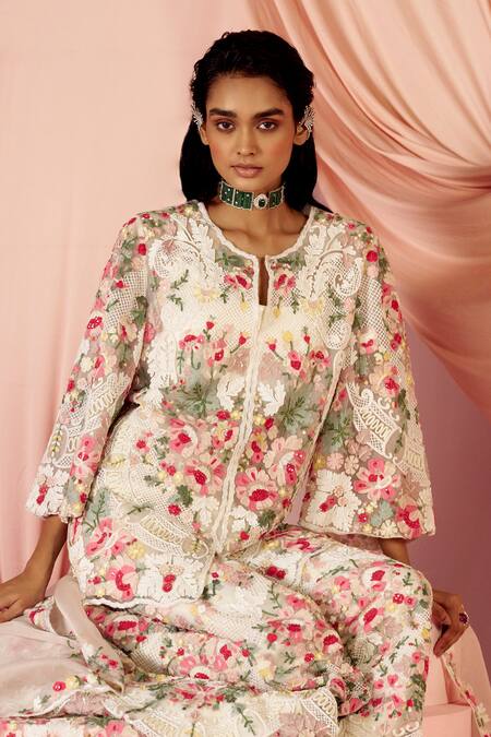 Pankaj & Nidhi_Ivory Tulle, Silk Organza Embroidery, Inverness Floral Kurta Sharara Set _at_Aza_Fashions