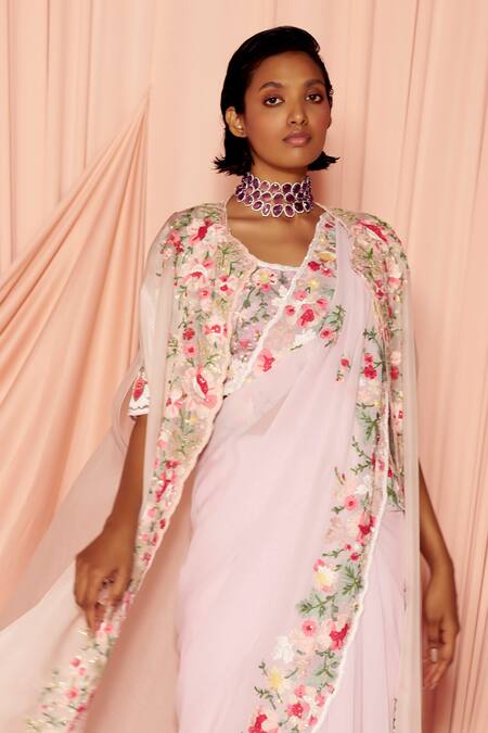 Pankaj & Nidhi_Pink Silk, Georgette Sequins, Inverness Floral Embellished Cape And Saree Set _Online_at_Aza_Fashions