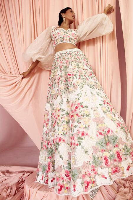 Pankaj & Nidhi Ivory Tulle, Silk Organza Sequins, Inverness Floral Lehenga Blouse Set Online at Aza Fashions Pankaj & Nidhi_Ivory Tulle, Silk Organza Sequins, Inverness Floral Lehenga Blouse Set _Online_at_Aza_Fashions