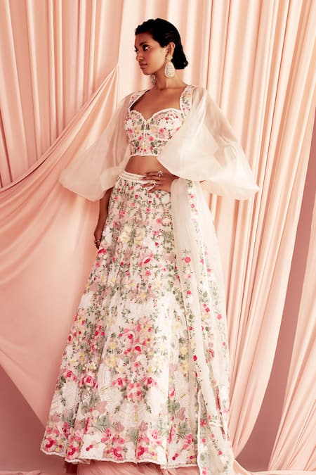 Pankaj & Nidhi Ivory Tulle, Silk Organza Sequins, Inverness Floral Lehenga Blouse Set at Aza Fashions Pankaj & Nidhi_Ivory Tulle, Silk Organza Sequins, Inverness Floral Lehenga Blouse Set _at_Aza_Fashions