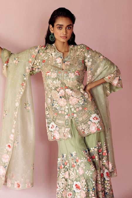 Pankaj & Nidhi_Green Tulle, Silk Organza Sequins, Miera Hand Embellished Kurta Sharara Set _Online_at_Aza_Fashions