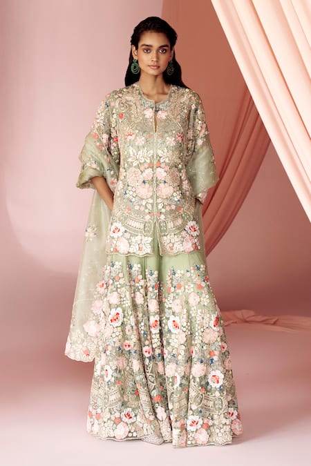Buy_Pankaj & Nidhi_Green Tulle, Silk Organza Sequins, Miera Hand Embellished Kurta Sharara Set _Online_at_Aza_Fashions